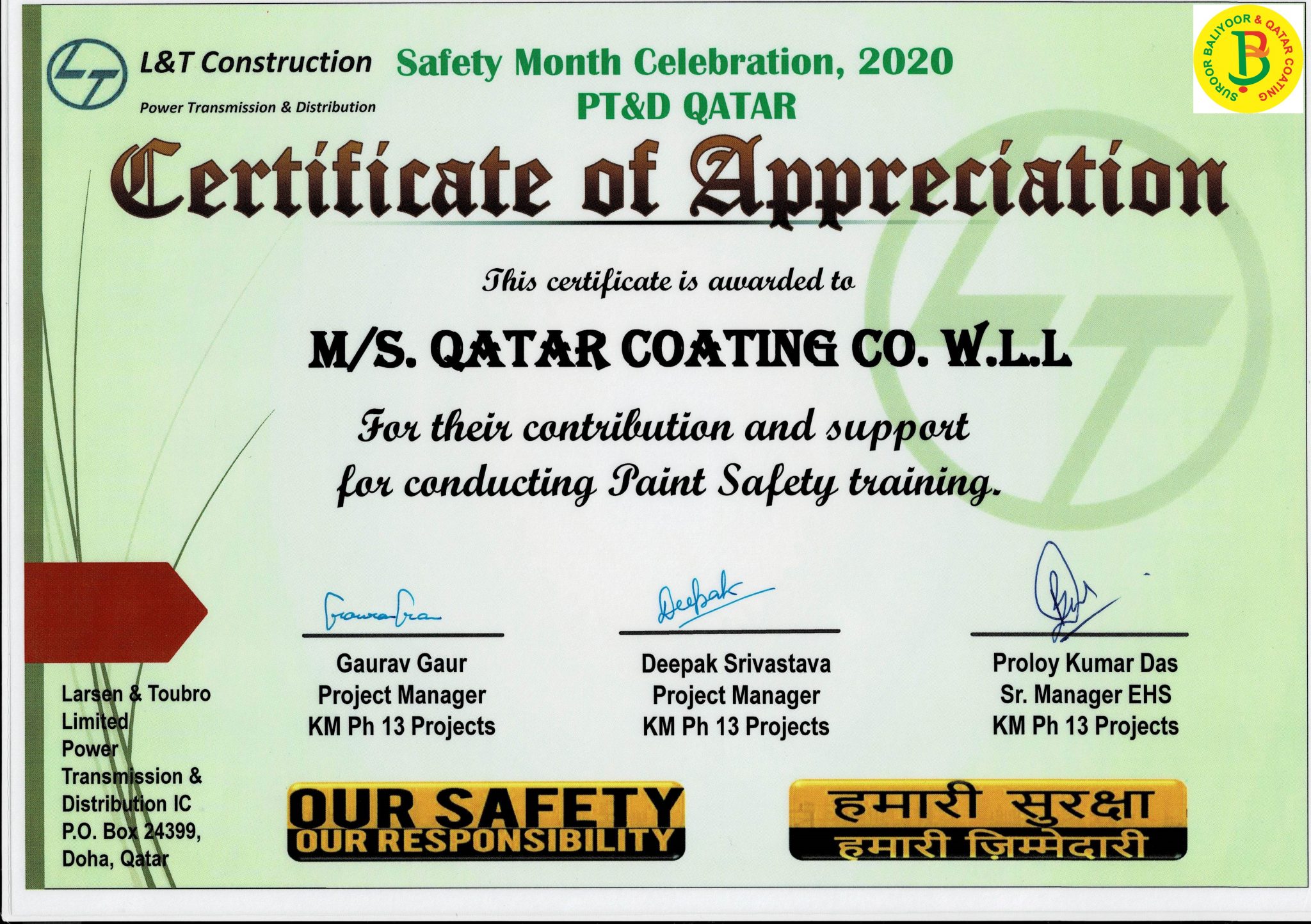 CERTIFICATE OF APPRECIATION SAFETY TRAINING By L&T Qatar Coating Co