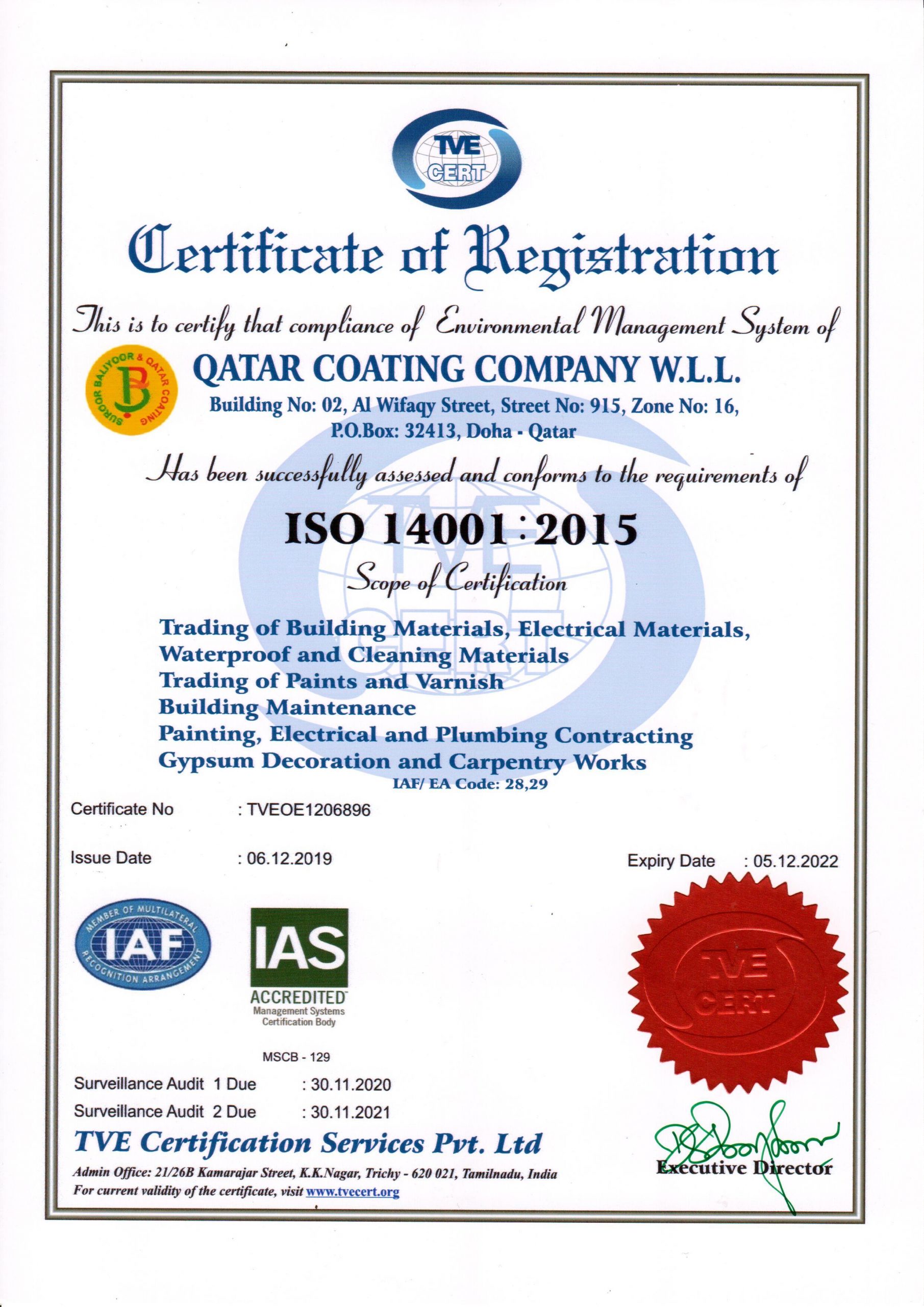ISO Certificate Qatar Coating Co. & Suroor Baliyoor