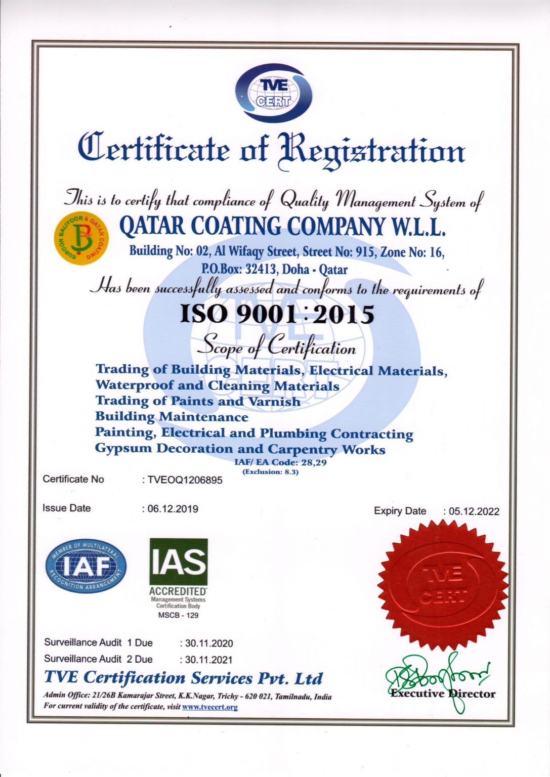 ISO Certificate Qatar Coating Co. & Suroor Baliyoor